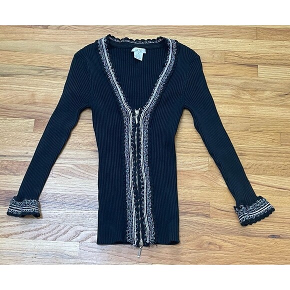 Vintage Y2K Cache Cardigan Sweater Women's M Black Knit  Full Zip Long Sleeve - Picture 1 of 8